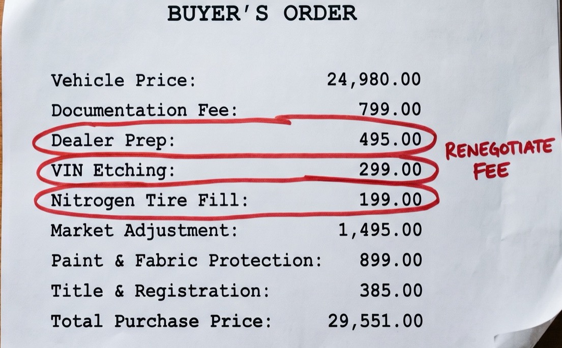 A dealer invoice with three junk fees circled in red marker